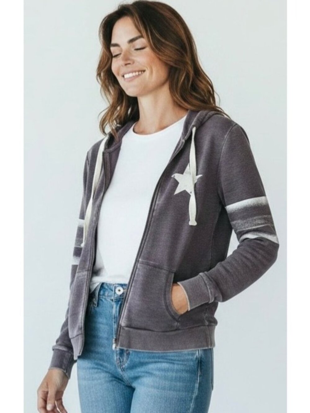 GRAYSON THREADS Gray + White Distressed Lightweight Full-Zip Hood Sweatshirt XS